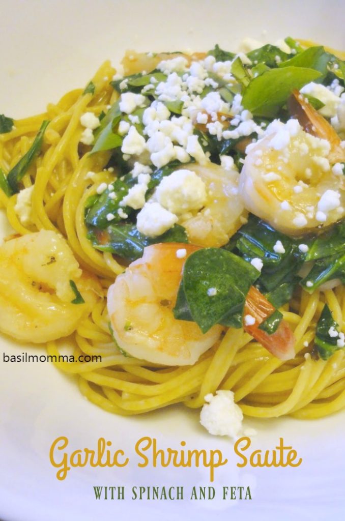 Garlic Shrimp Saute with Spinach and Feta - A quick and easy pasta dinner! Get the recipe from basilmomma.com