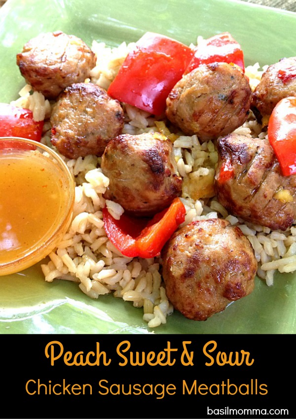 Peach Sweet and Sour Meatballs Recipe - Delicious chicken sausage meatballs are tossed in a sweet and sour peach sauce for a quick and easy Asian take-out style meal, cooked and eaten at home!
