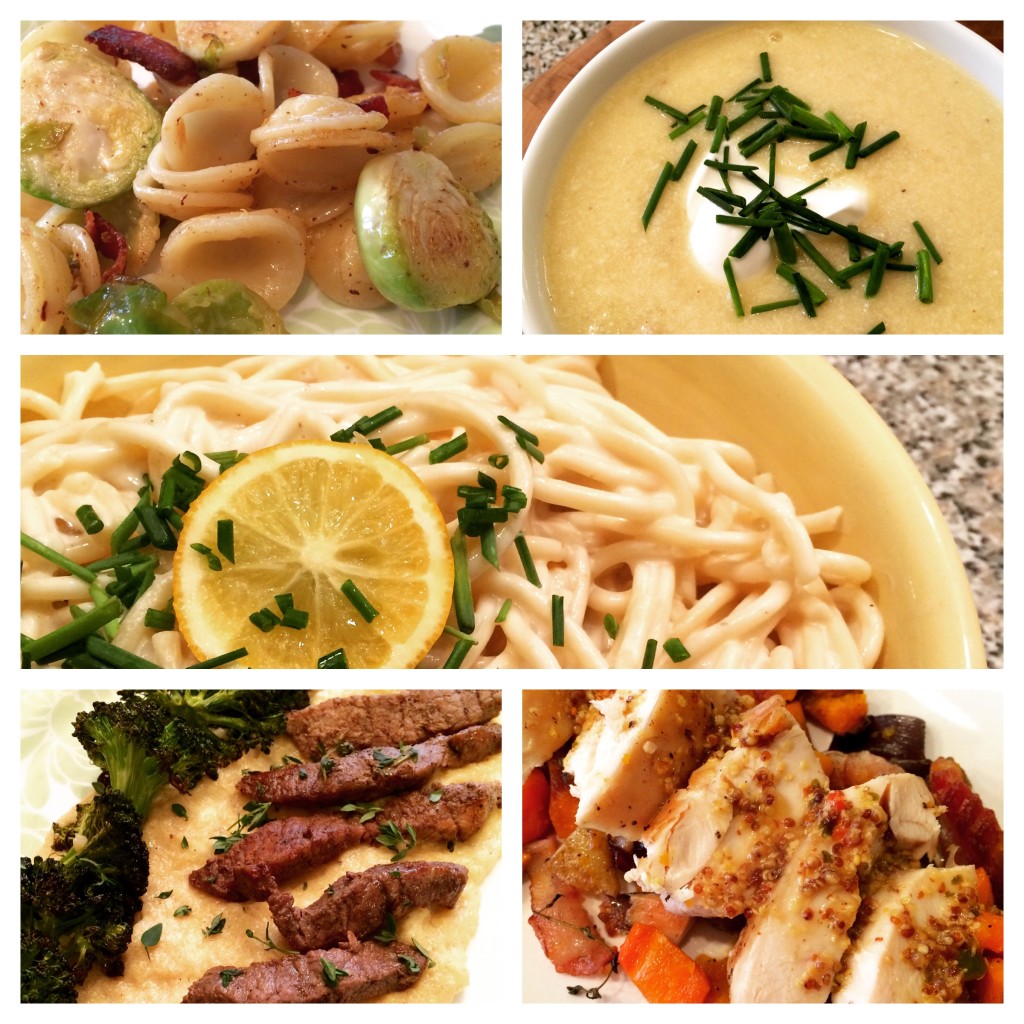 Menu Plan: 5 Nights of Recipes From Cooking Light Magazine-Mustard-Glazed Chicken with Roasted Vegetables, Pasta with Bacon, Shredded Brussels Sprouts, and Lemon Zest, White Cheddar and Chive Potato Soup, Bucatini with Meyer Lemon Cream and Chives and Seared Flank Steak with Blue Cheese Polenta.