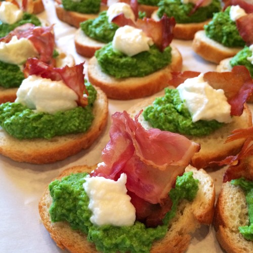 Green Pea Pesto Prosciutto Crostini - Just one in a collection of recipes using Spring vegetables on basilmomma.com