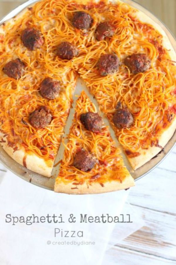 Spaghetti and Meatball Pizza, from Created By Diane - One of the fun ways to serve spaghetti!