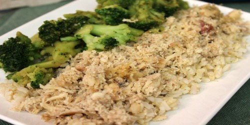 Pulled chicken with teriyaki broccoli and rice