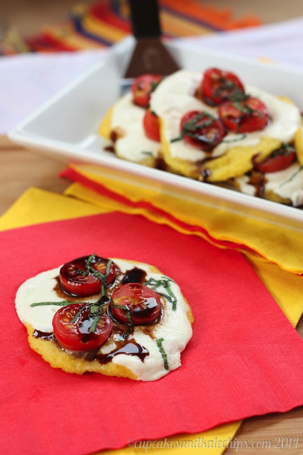 Mini Caprese Polenta Pizzas from Cupcakes and Kale Chips are just one of the healthy dinner recipes in a collection on basilmomma.com