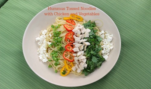 Hummus Tossed Noodles with Chicken and Vegetables - Get the recipe from basilmomma.com