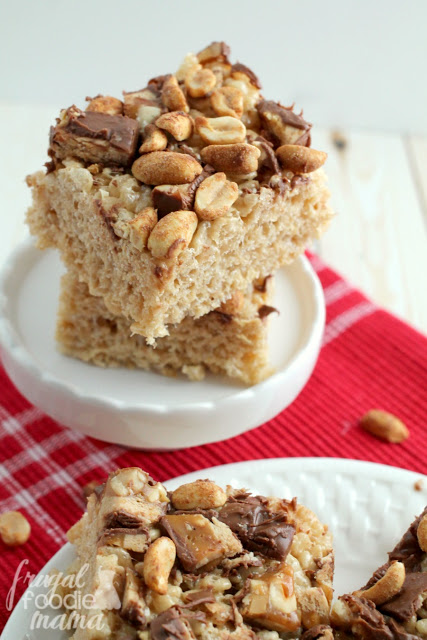 Snickers Peanut Butter Rice Krispie Treats, from Frugal Foodie Mama - Part of a peanut butter recipe roundup on basilmomma.com
