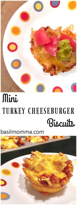 Mini Biscuit Turkey Cheeseburgers - Fluffy biscuit cups, filled with seasoned ground turkey, veggies, and melted cheese. Perfect for a light dinner, after school snacks, or as a game day appetizer. Recipe from @basilmomma
