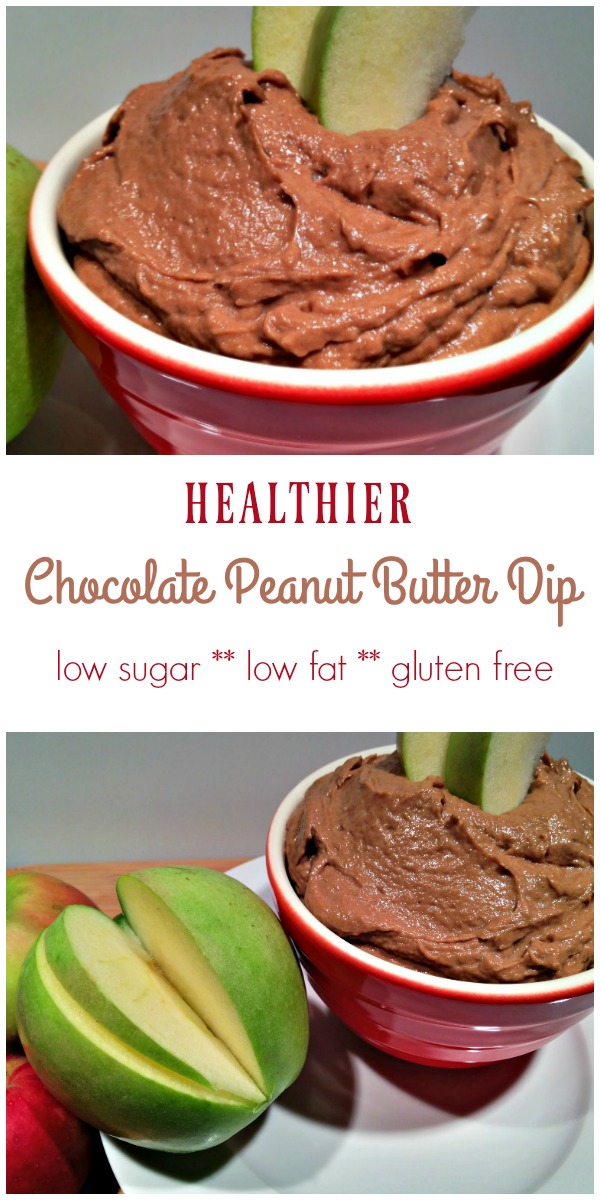 Healthier chocolate peanut butter dip is a 4 ingredient low fat dip recipe that is perfect to make for healthy snacks or game day munching. It's creamy and sweet, lower in sugar and fat, and gluten free! Kid friendly recipe! #dips #snacks #glutenfree