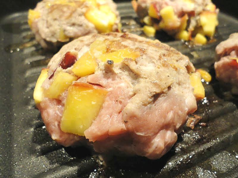 grilled turkey burgers, stuffed with fresh peaches