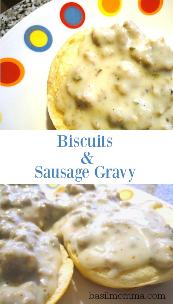 Biscuits with Sausage Gravy - This classic southern recipe is easy to make and perfect for breakfast or brunch. Get the recipe at basilmomma.com