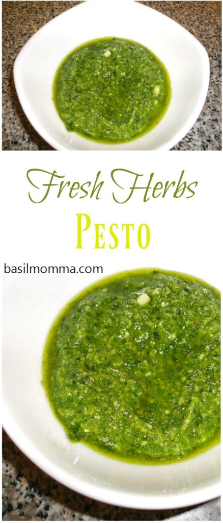 Fresh Herbs Pesto is made with fresh basil, sage, oregano, and spinach. Get the recipe on basilmomma.com