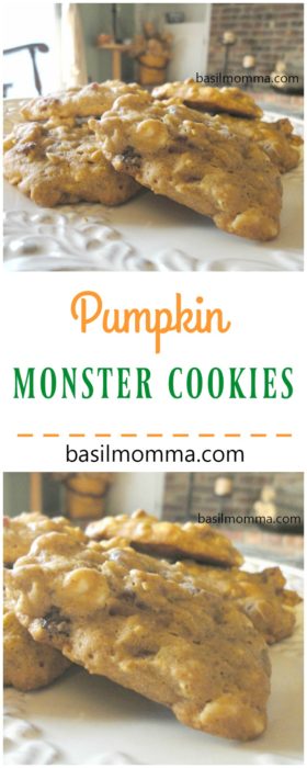 Pumpkin Monster Cookies - Perfect pumpkin recipes for baking HAVE to include these cookies! Made with real pumpkin puree, white chocolate, Craisins, rolled oats, and fall spices. Recipe on basilmomma.com