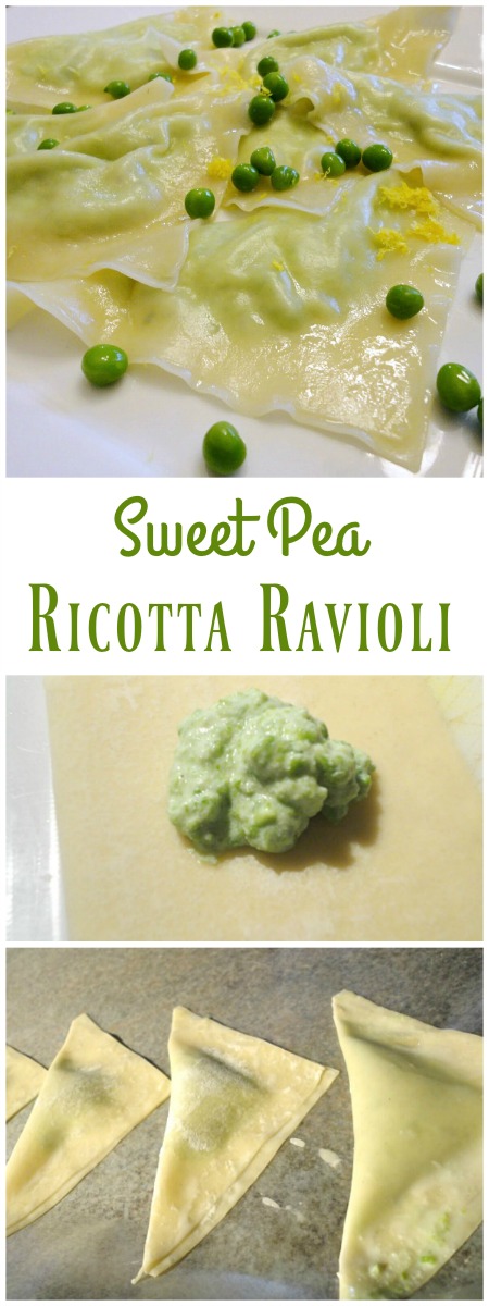 Sweet pea ricotta ravioli with pureed sweet peas, ricotta, and lemon, folded up inside of won ton wrappers, then cooked to tender perfection. A great meatless vegetarian meal! | Basilmomma.com