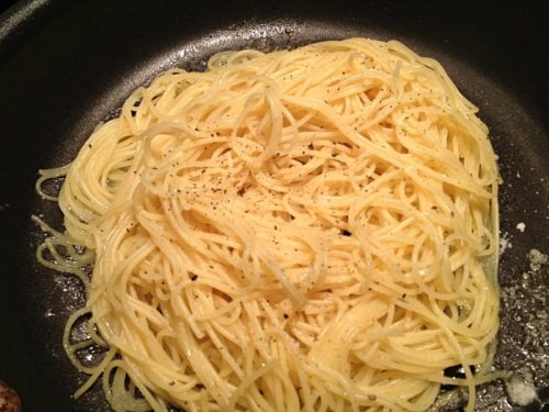 cooked but cold spaghetti noodles, used to make breakfast noodle nests