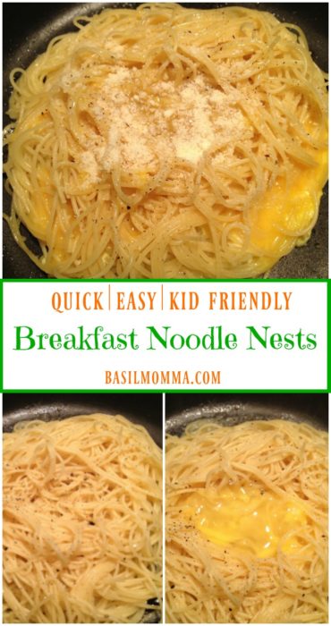 Breakfast Noodle Nests - A kid-friendly breakfast made with cold pasta noodles, eggs, and Parmesan cheese. SO easy to make and my kids love them! | Recipe on basilmomma.com