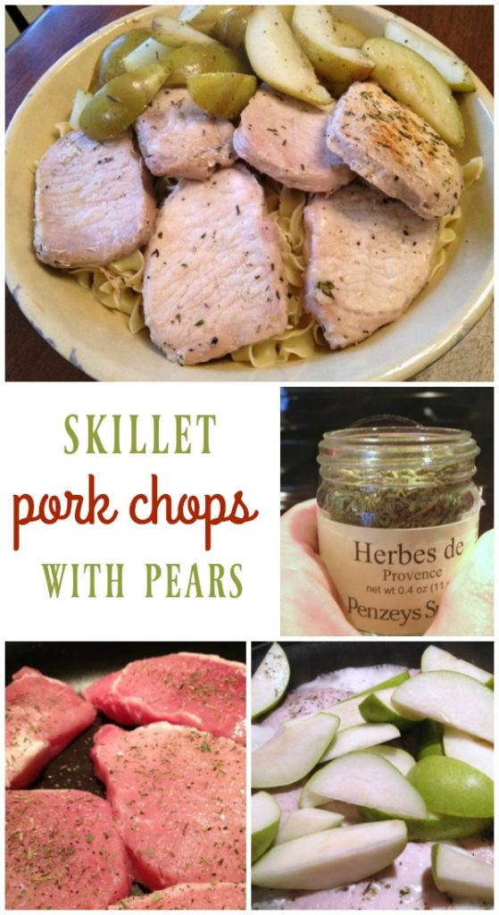 One Pan Skillet Pork Chops with Pears - 5 ingredients and this easy dinner cooks in 25 minutes! | basilmomma.com