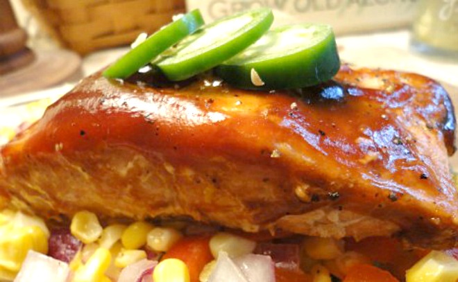 Barbecued Salmon with Fresh Sweet Corn Relish - Perfect for indoor cooking or outdoor grilling. Get the easy recipe on basilmomma.com