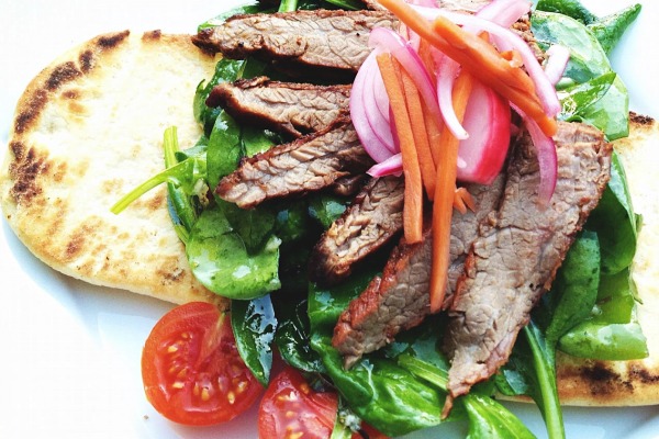Steak Sandwich - Deconstructed "stack-up" style on naan bread. This is a great grilled sandwich that you can make all year long. It's great for game day parties. Get the recipe from basilmomma.com