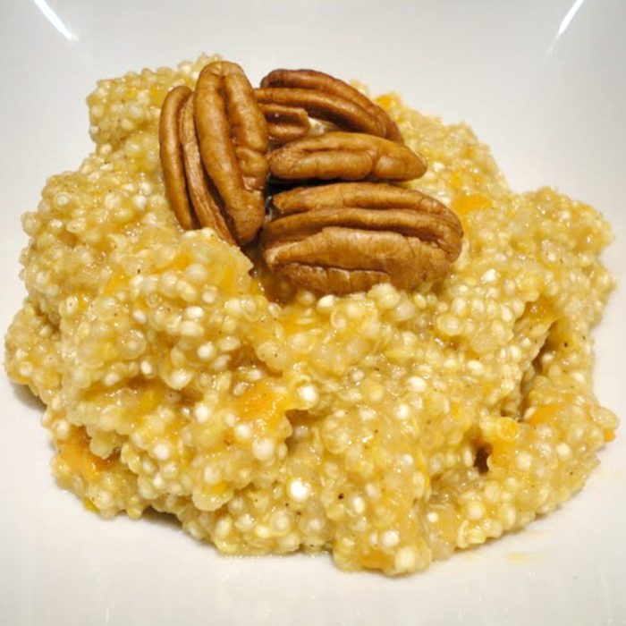 Maple Pumpkin Pecan Quinoa - A hearty, healthy, hot breakfast cereal that's perfect for fall or winter weather. Recipe on basilmomma.com