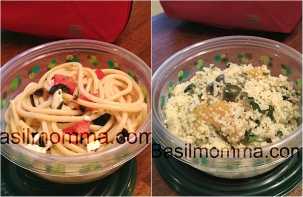 Two Easy Lunch Recipes with Olives - These quick lunch recipes are both healthy and easy to pack into a lunch box. Tomato pasta tossed with black olives, and Citrus green olive couscous. Get the recipes on basilmomma.com