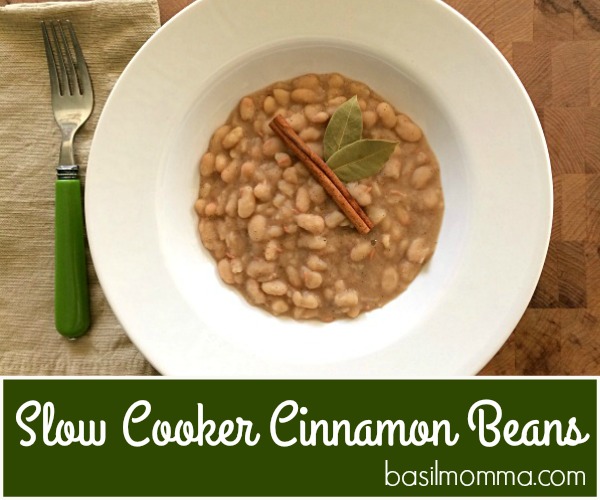 Slow cooked Great Northern Beans from Hurst, with just a touch of cinnamon goodness. This slow cooker beans meal has a meatless option, too. Get the recipe from basilmomma.com