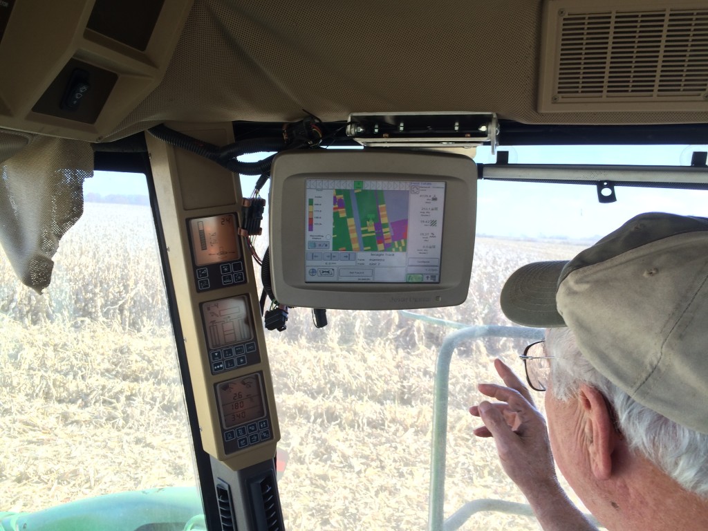 Mr Campbell showing me how they use GPS technology to track the (8 rows at a time) that they harvest, moisture content, what cariety is in that row and how much they have left. That's the dumbed down non-farmer version.