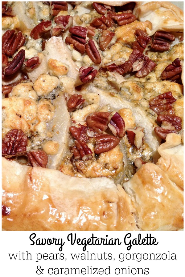 This savory vegetarian galette is the perfect holiday appetizer, meatless Monday dinner, or game day treat. It's topped with crunchy pears and walnuts, creamy gorgonzola cheese, and sweet caramelized onions. SO good!