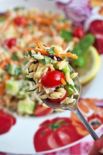 Summer Vegetable Garden Orzo Salad from It's Yummi - Tasty recipes that use garden tomatoes - This collection of recipes can be seen on basilmomma.com