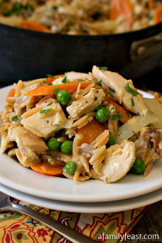 Rotisserie Chicken Skillet from @afamilyfeast - Part of a recipe collection of One Pan Dinners on Basilmomma.com - These dinner recipes are all kid-friendly, made in one pan, and in under 30 minutes, making them perfect school night dinners for busy families!