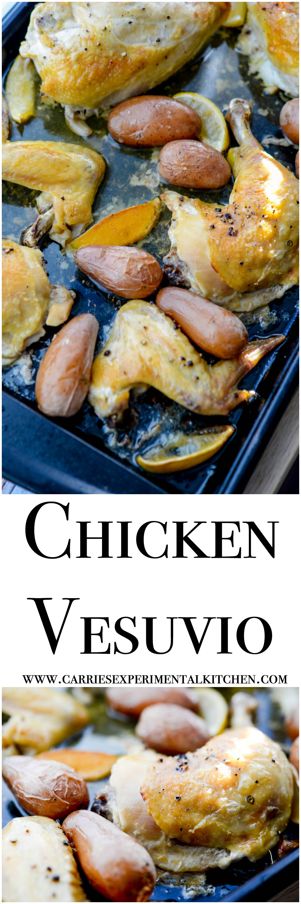 Chicken Vesuvio - This easy sheet pan dinner is made with chicken, garlic, lemon, and potatoes. The recipe was created by Ann at Sumptuous Spoonfuls as part of a guest post on basilmomma.com