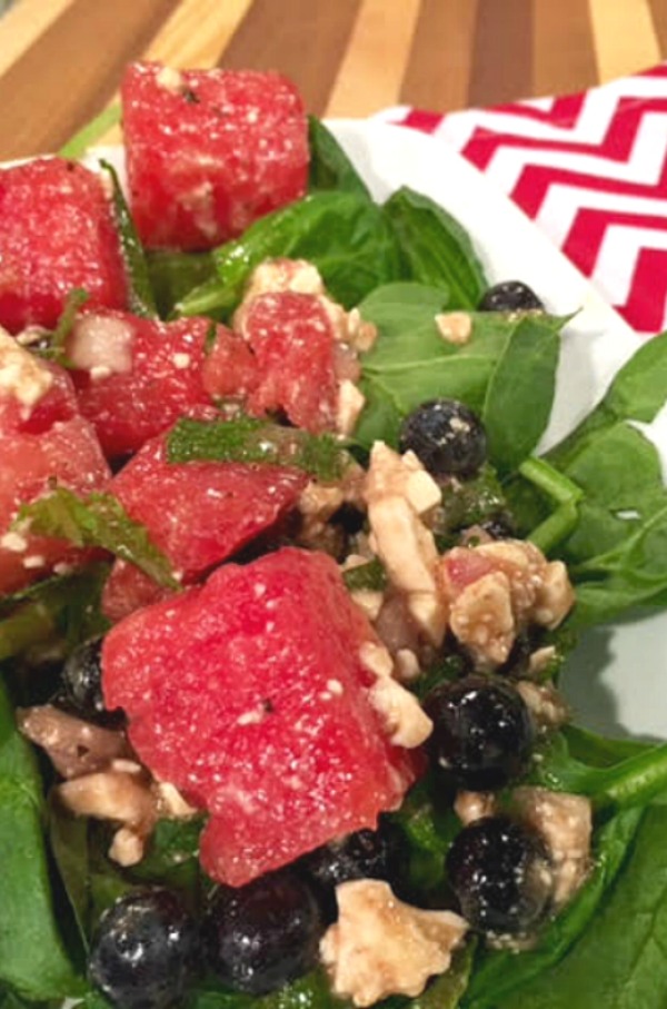 Watermelon Blueberry Feta Salad with Mint - This delicious and fresh fruit salad recipe is on basilmomma.com