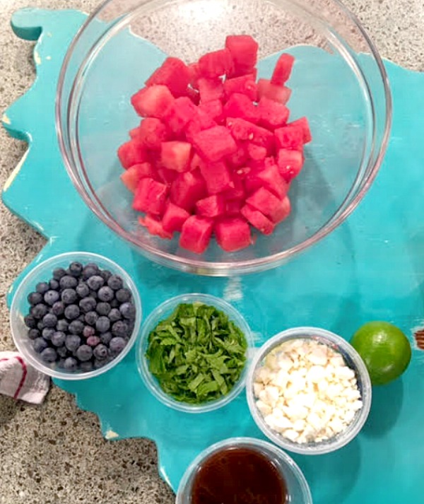 Ingredients needed to make watermelon blueberry feta salad