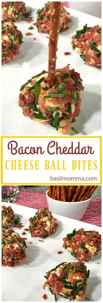 Bacon cheddar cheese ball bites are easy holiday appetizers or game day snacks. Tiny balls of cheddar and cream cheese, rolled in crisp bacon and chives. | Recipe on basilmomma.com