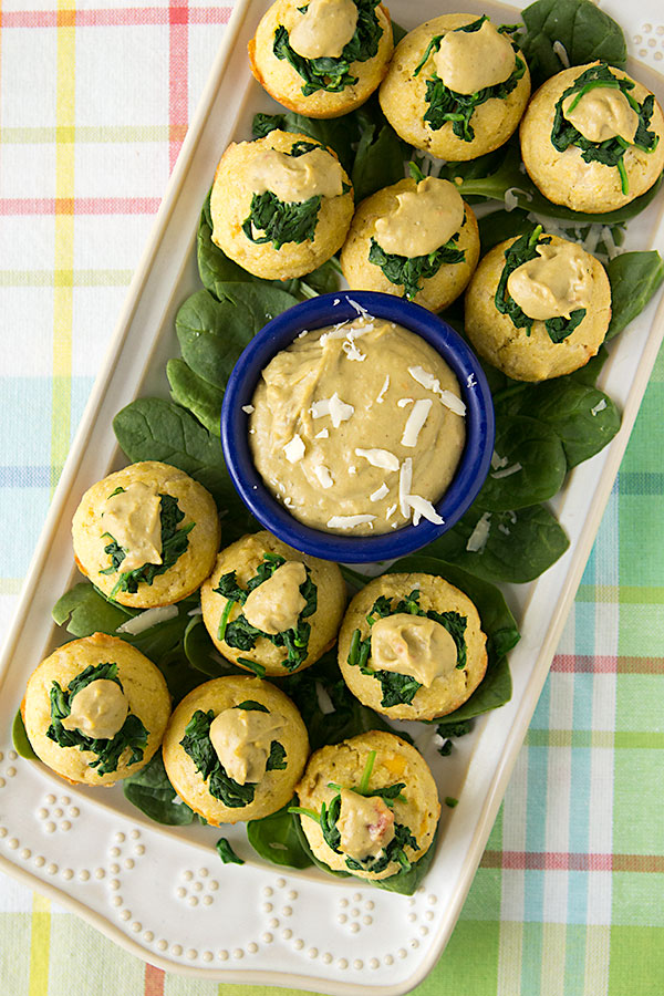 Mini Spinach Artichoke Hummus Corn Muffins | healthy appetizer | healthy snacks | gluten-free | sponsored