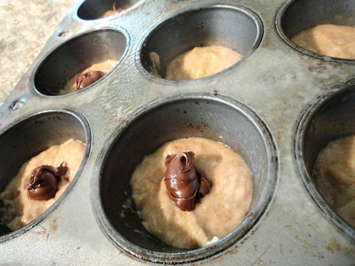 Unbaked chocolate stuffed banana muffins batter