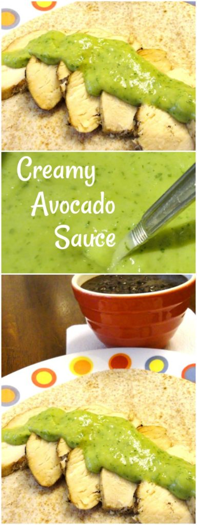 Creamy avocado sauce is a healthy condiment that is delicious over grilled meats or served as a dip. It is also a healthy fat replacement for sour cream!