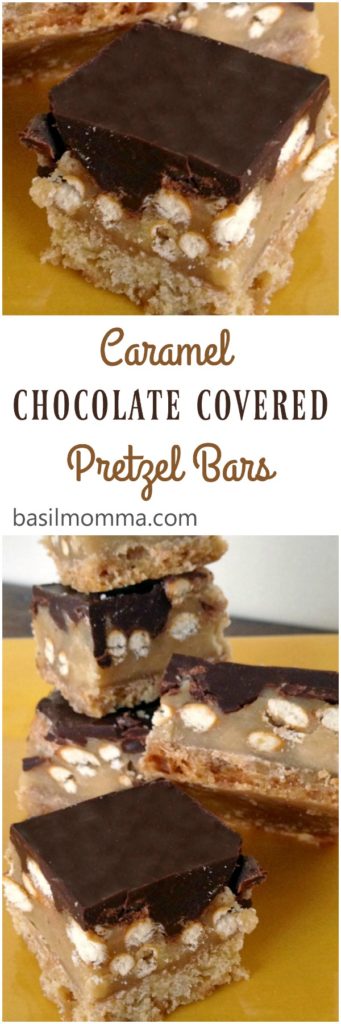 Caramel chocolate covered pretzel bars are a seriously addictive, sweet and salty dessert. They have a soft cookie base, creamy caramel, and crunchy pretzels covered with chocolate. Super easy to make, too!