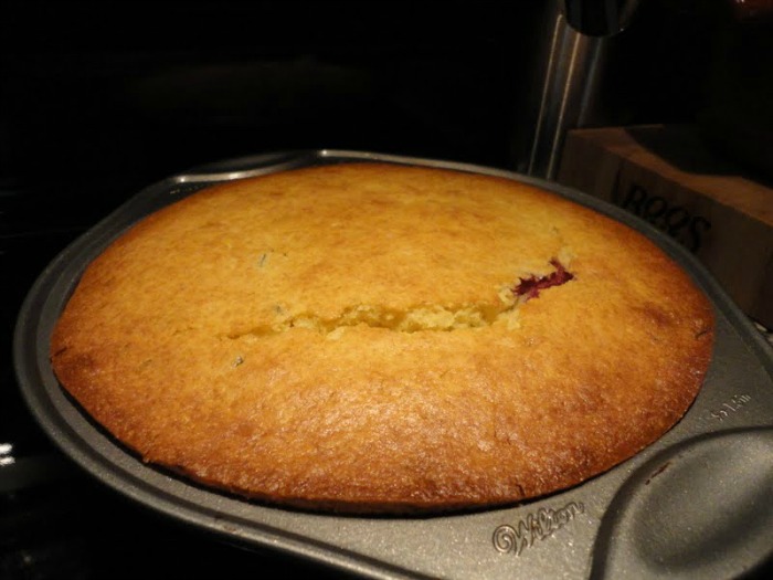 Triple Berry Upside Down Cornmeal Cake, before flipping