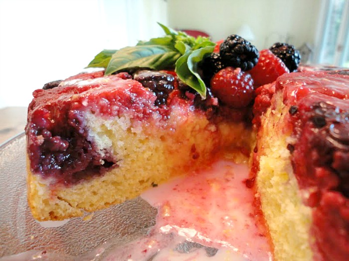 Mixed Berry Upside Down Cake with glaze